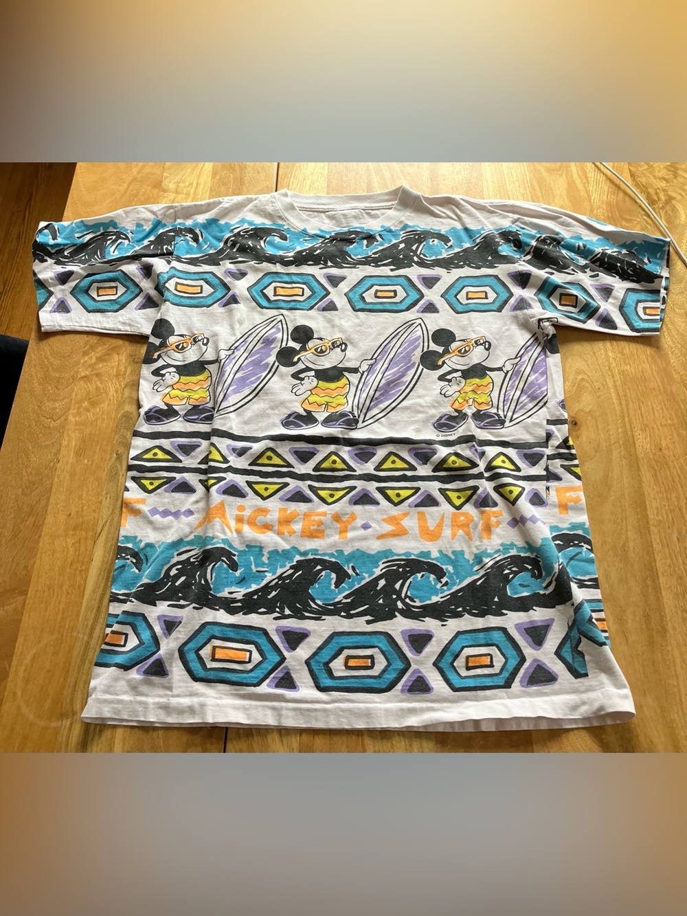 Vintage Disney Mickey Surf Tee in White with Teal, Purple & Orange